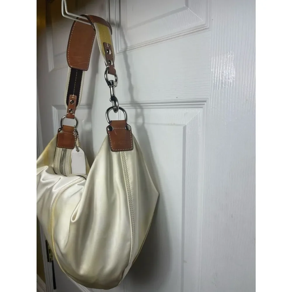 Coach Hampton sateen off white &Yellow marble hobo Bag tan leather &fabric strap